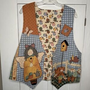 Gardening Angel Button Vest Decorative Multicolor Bird House Cat Herbs Print